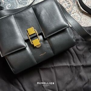 DeMellier Mini Alexandria Black Leather Crossbody with Gold Buckle